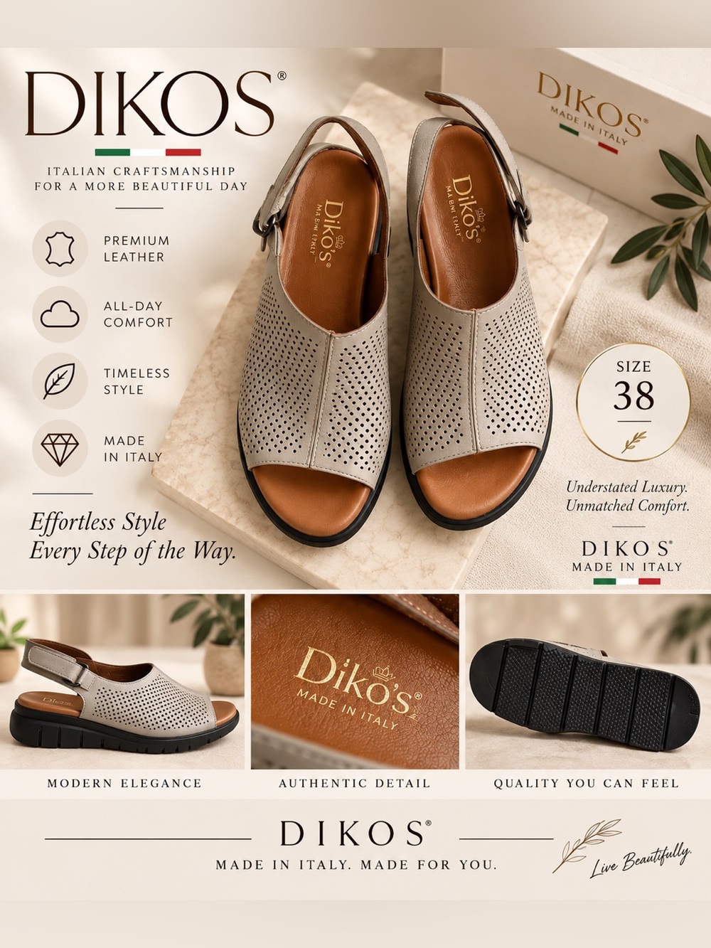 Perforated Leather Slingback Sandals - Light Taupe